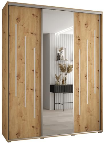 MEBLE KRYSPOL Cannes 9 Moderner Schrank mit 3 Schiebetüren mit Kleiderstange, Regalen und Spiegel - Aufbewahrungsschrank für Schlafzimmer, Wohnzimmer - 205,2x190x45 cm - Artisan Artisan Silber