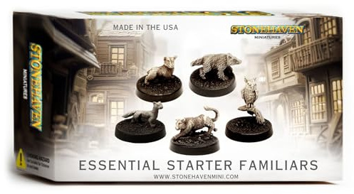 Stonehaven Essential Starter Familiars - 5 Animal Companion Miniatures, 30mm Scale, Lead-Free Pewter, Unpainted, Made in USA