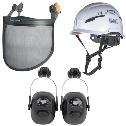 Klein Tools 60545 Forestry Kit Safety Helmet, Mesh Face Shield, and Hearing Protection Earmuffs, 3-Piece