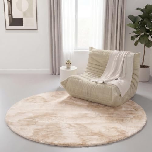 Interiyou Fargo - Teppich Wohnzimmer 200x200 cm Rund Beige - Kurzflor Waschbar und rutschfest - Flauschiger Fellteppich aus Kunstfell - weicher Langflor Fell
