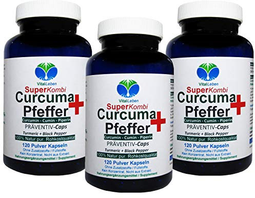 Curcuma KURKUMA & PFEFFER SuperKombi 360 (3x120) Kapseln CURCUMIN + PIPERIN - nach dem BUCH von Dr. Beliveau & Gingras - KEIN EXTRAKT - NATUR PUR - OHNE ZUSATZSTOFFE. 27065-3