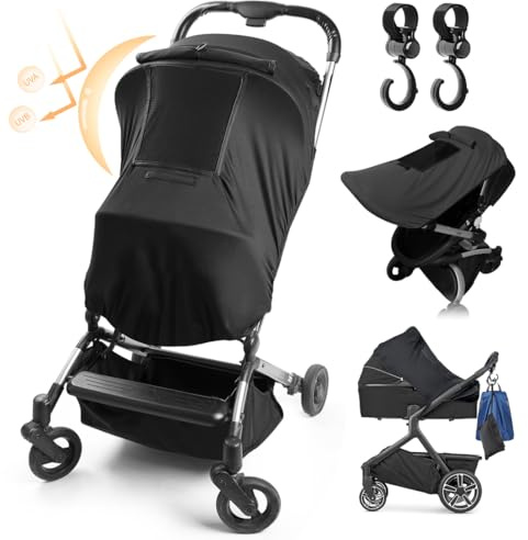Anhow Pram Sun Shade, Universal Anti-UV Buggy Sun Shade with Viewing Window + 2 Pcs Stroller Hooks Easy to Install Pram Sun Shade Cover Baby Snooze Aid for Pushchairs and Strollers - Black