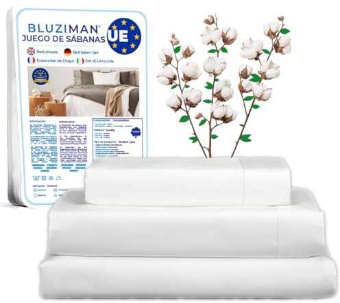 BLUZIMAN Juego de Sabanas 150x200 Algodon 100%, Hecho en España, Ropa Cama Hogar Hosteleria Hotel Lencois, Con Sabana Bajera Ajustable, Encimera, 1 Funda de Almohada 170x45 (Blanco Cama 150x190/200cm)
