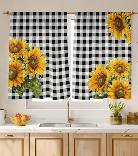 Stanoha Kitchen Curtains (2 Pcs) Over Sink Cafe Basement Cortinas para Cocina Farmhouse Short Mini Curtain for Bathroom Window Spring Summer Elegant Country Rustic Modern Cute, 26×36, Sunflower