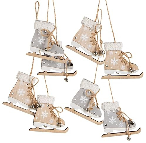 Logbuch-Verlag 4 Schlittschuh Deko Weihnachtsanhänger Baumschmuck aus Holz 8 beige grau Vintage Weihnachtsdekoration