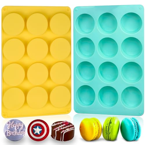 SAGOOITS 2 moldes redondos para galletas de chocolate, nuevo tamaño con 12 cavidades, cubierta de chocolate, moldes de silicona para mini pasteles, caramelos, gelatina para hornear (verde + amarillo)