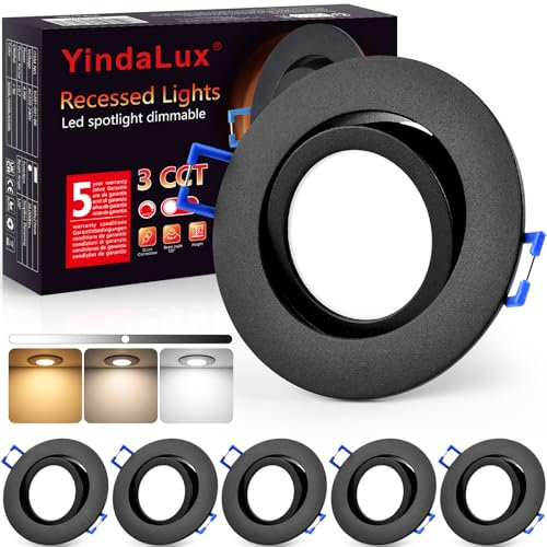 YindaLux LED Einbaustrahler 230V Dimmbar Flach Spot 5W IP44 3CCT Einbauspots mit Abnehmbarem LED Modul Warmweiß Neutralweiß Kaltweiß Einbauleuchten 68-80mm Lochmaß Schwarz für Badezimmer Küche 6er Set