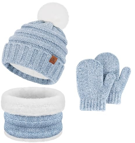 Bequemer Laden Niños Invierno Gorro Termico Bufanda Guantes Conjunto Tricotar con Pompon Forro Polar Regalos para 2 3 4 5 6 Años Niñas Niños