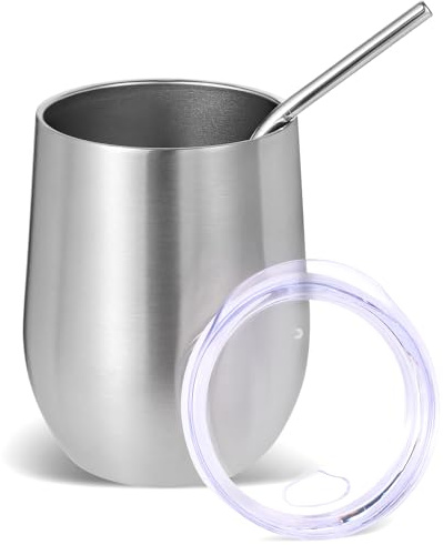 Volhoply 12oz Stainless Steel Wine Tumbler with Lid and Straw,350ml Double Wall Vacuum Insulated Stemless Wine Glasses,Travel Coffee Mug for Cold Drinks,Small Tumblers Gifts for Women（Silver,1 Set）