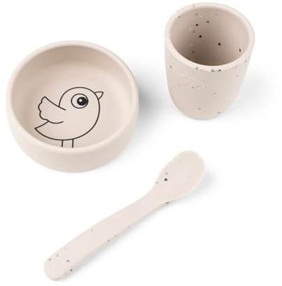 Done by Deer Beikost Baby Zubehör - Baby Geschirrset - Babygeschirr 3-Teilig mit Schüssel Durchm. 10 cm, Becher & Löffel - 100% Silikon in Lebensmittelqualität, Sand
