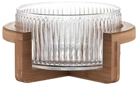 Xafrstyu Ensemble de Saladiers en Verre avec Base en Bois d’Acacia - 17,5cm de Diamètre, 1800ml de Capacité, Parfait pour Les Fêtes et Réunions (1)