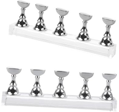 FRCOLOR Nail Tips Practice Display Stand 2 Sets with 5 Magnetic Acrylic Bases Silver Bar Nail Art Accessories for Salon and Home