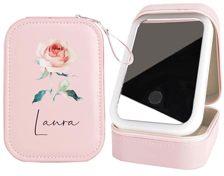 Personalised Birth Flower Travel Case with Mirror - Custom Name & Led Mirror - Leather Jewelry Organizer - Women & Girls Gifts