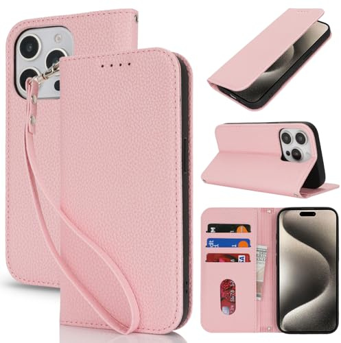 Lipvina Cover per iPhone 15 Pro Max Cover Custodia con Pellicola a Libro Portafoglio in Pelle Cover Porta Carte Flip Case Protettiva Custodia per iPhone 15 Pro Max,Rosa
