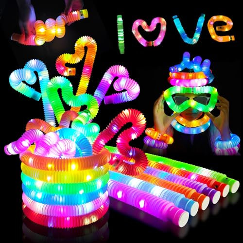 SUPRBIRD 24 Pièces Pop Tube LED Couleur,Fidget Toys,Jouets Sensoriels de Tuyau Extensible Multicolore Jouets de Soulager Stress,Jouet Lumineux Enfant Fournitures de Fête Lumineuses pour Enfants