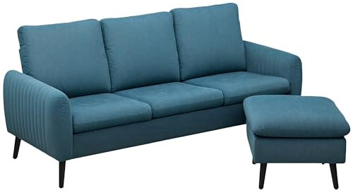 HOMCOM 3 Seater Sofa with Ottoman, 196cm Corduroy L-shaped Sofa Couch with Scatter Back, Reversible Chaise Lounge for Living Room, Home Office, Small Spaces, Blue