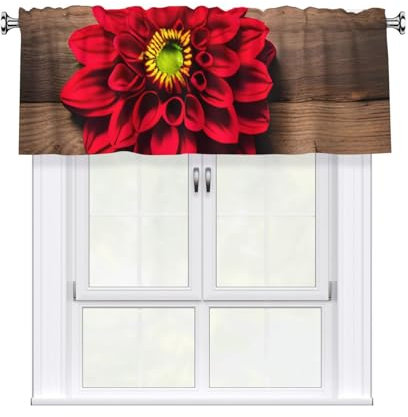ERSDWRE Holzbrett-Vorhang, Retro-Blume, roter Dahlien-Druck, für Küche, Volant, Fenster, für Schlafzimmer, Badezimmer, Wohnzimmer