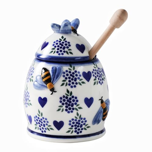 ZOOBEE Ceramic Honey Pots with Dipper and Lid Farmhouse Style,10oz Honey Jar with Dipper,Handpainted Honey Jars with Bees,Easily Wash-Deep Love