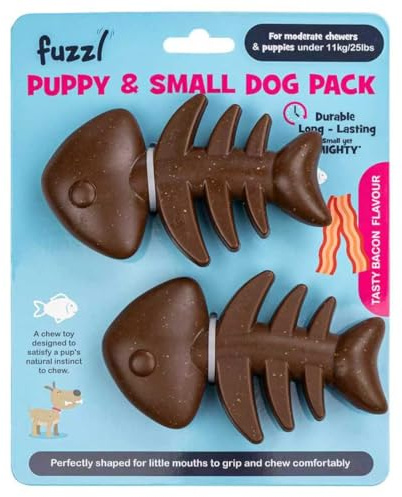 Fuzzl Giocattoli da masticare per cuccioli, confezione da 2 pezzi, al gusto di pancetta, giocattoli per dentizione per cani di piccola taglia, a forma di lisca di pesce, giocattoli da masticare