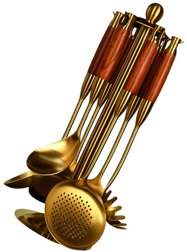 KüMAK 7-teiliger Edelstahl Küchenutensilien Set, Kochutensilien Set, Küchenhelfer, Kochgeschirr Set, Kochlöffel, Schaumlöffel, Schöpfkelle, Nudelkelle, Flachwender & Utensilienhalter (GOLD+HOLZ)