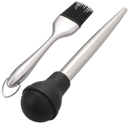 Alipis 4pezzi Kit Pompa Condimento Tacchino Acciaio 304 con Pennello Olio Silicone Alimentare Tubo Gocciolante per Barbecue Pulizia Interna Facile