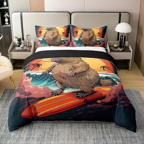 Erosebridal Cute Beaver Queen Size 100% Cotton Duvet Cover for Home, Wild Animal Bedding Set for Kids Boys Girls Women Men, Wildlife Comforter Cover, Funny Beach Palm Tree Bedclothes