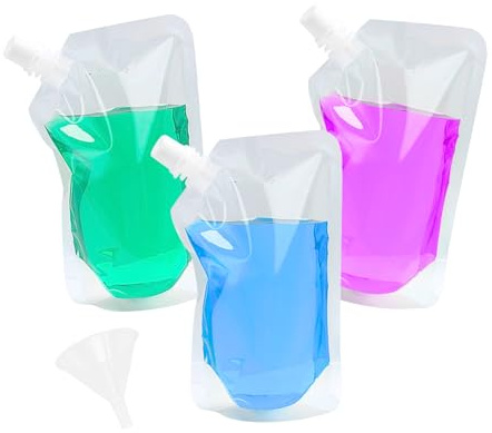 HNTR® 20-Pack Clear Drink Pouches for Festivals – 500ml Reusable Drinks Pouches for Liquid with Caps & 2 Funnels | Leakproof Juice & Alcohol Bags for Travel, Picnic, Party