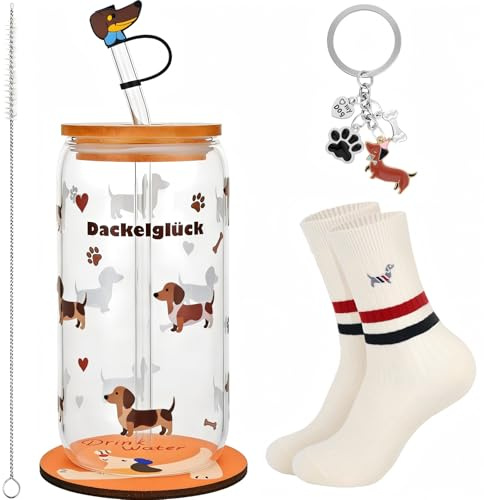 Chsukozic Juego de tazas de perro salchicha, 500 ml, vasos con tapa y pajita, diseño de perro salchicha, vasos con tapa de madera y pajita para todo tipo de bebidas, café