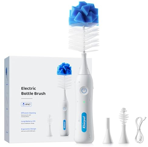 Klarpul Electric Bottle Brush Cleaner, IPX7 Waterproof Baby Bottle Cleaner Kit with Replaceable Nipple Brush & Extender Rod, 2 Speed Modes, 360° Auto Cleaning, 2000mAh Battery, Rechargeable, Blue