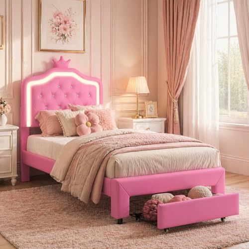 Polsterbett 90x200 cm mit Lichtern & Schubladen, Luxuriöses LED Einzelbett gepolstertes Bett Kinderbett Mädchenbett in Kronenform, ideal für Erwachsene und Jugendliche, Ohne Matratze(Rosa+Schubladen)