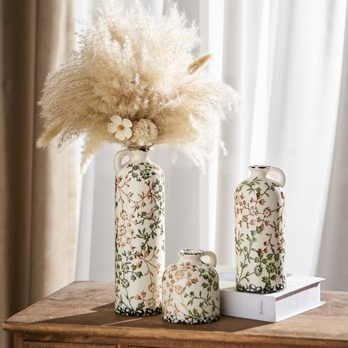 3er Set Keramikvasen, Vintage Grün-Beige Vase, Florale Chinoiserie Blumenvasen, Rustikale Landhaus Keramik Vasen für Heimdeko, Grün Vase für Wohnzimmer, Kücheninsel, Bücherregal, Grand Millennial Deko