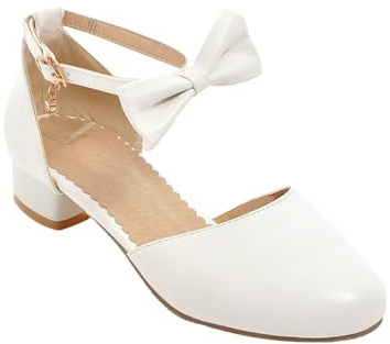Scarpe da bambina con tacco alto, scarpe Mary Jane, in tinta unita, con fiocco, con cinturino alla caviglia, per feste, da matrimonio, per bambini, alla moda, bianco, 37 EU