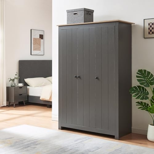 [en.casa] Kleiderschrank Vasand Schrank mit 3 Türen Schlafzimmerschrank 175 x 120 x 52 cm Garderobenschrank 2 Kleiderstangen 3 Ablagefächer Grau/Eicheoptik