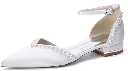 TNMIUH Scarpe da Sposa Basse Donna in Avorio Raso a Punta con Perle, Ballerine Eleganti da Cerimonia con Cinturino alla Caviglia, Scarpe Comode per Matrimonio Party Serata,Bianca,41 EU