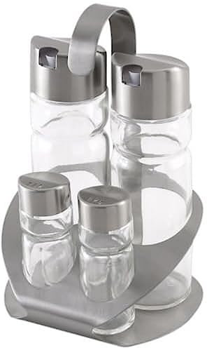 Monix Sabor - Menage, dispenser olio e aceto con sale e pepe shaker, acciaio inossidabile e vetro, 4 parti