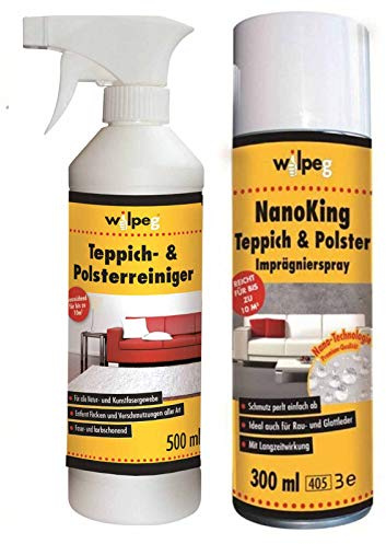 WILPEG Reinigung & Imprägnier-Set | Teppichreiniger & Polsterreiniger | Fleckentferner 500ml + Imprägnierung 300ml | Für Natur- & Kunststoffgewebe, Rau- & Glattleder | Schutz vor Verschmutzung