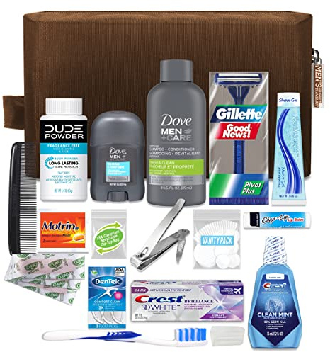 Convenience Kits International Men’s Premium 20-Piece Kit with Travel Size TSA Compliant Essentials, Featuring: Dove Men & Care Products in Brown Dopp Bag
