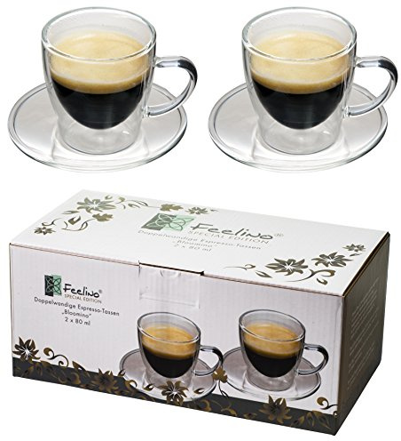 Feelino Tasse a Cafe, Lot de 2x Tasse Double Paroi avec 2x Soucoupe, Tasses Cafe en Verre Original 80ml, Verre Double Paroi Design, Tasse Transparente Café Expresso, Ristetto, Lavables Lave-vaisselle