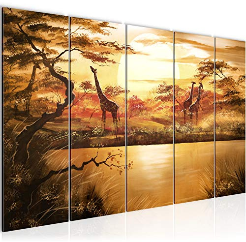 Runa Art Wandbild XXL Afrika Giraffe Wohnzimmer Schlafzimmer 200 x 80 cm Beige 5 Teilig - Made in Germany - 000155a