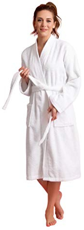 Soft Touch Linen Women's Terry Kimono Bathrobe, 100% Cotton (White, Medium)