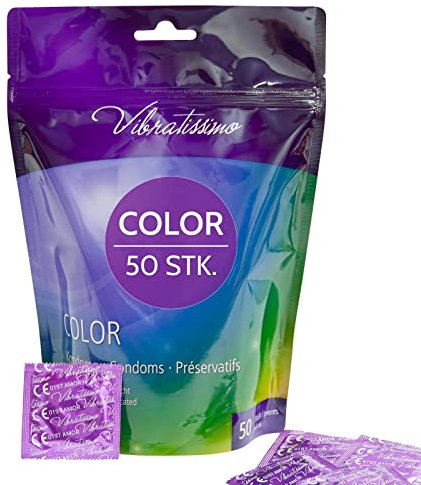 VIBRATISSIMO Condones Color paquete de 50 | sensitivos y extra húmedos | preservativos de colores | anticoncepción hombres | condones set multicolor de rojo, negro, amarillo, verde y dorado
