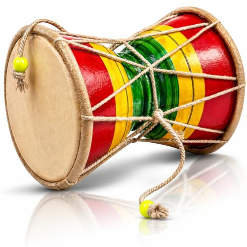 12 cms Small Handmade Traditional Authentic Wooden & Leather Classical Indian Folk Dumroo Damroo Damaru Hand Drum Percussion Instrument Set, Decorative Collectible Showpiece World Musical Instruments