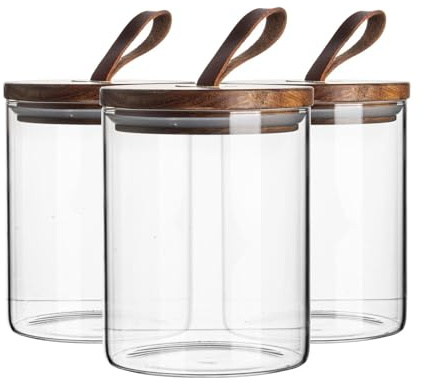 Argon Tableware Scandi Storage Jars with Leather Loop Lids - 750ml - 3 Pack - Modern Round Organisation Container Glass Jar for Kitchens, Pantry, Bathrooms, Utility Rooms
