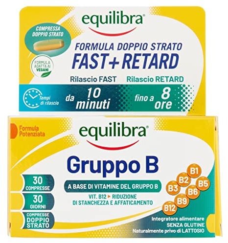 equilibra, Vitamine Gruppo B, Alto dosaggio B12 1000 mcg con Rilascio FAST e Fino a 8 Ore, Vegan, 30 Compresse Doppio Strato, Benessere Fisico-Mentale, Riduce Stanchezza e Affaticamento