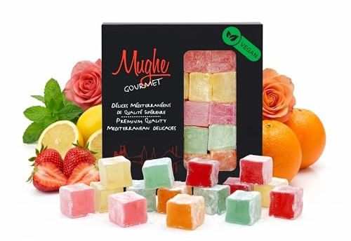 Mughe Gourmet Turkish Delight original, 200g Caja de Delicias Turcas de Frutas en Cartón con Vista Vertical, VEGANO sin Gluten