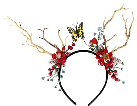 Bandeaux de Noël En Bois de Renne - Serre-Têtes Avec Couronne de Fleurs, Pommes de Pin Artificielles, Baies Rouges - Chapeaux pour Femmes, Filles - Accessoires de Fête Thème