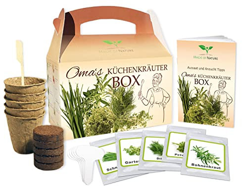 Magic of Nature Oma`s Küchenkräuter Box - Anzuchtset - 5 Sorten frische Kräuter Samen - Zum Selberzüchten oder zum Verschenken