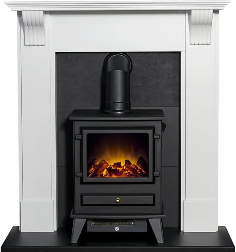 Adam Harrogate Stove Fireplace in Pure White & Black with Hudson Electric Stove in Black, 39 Inch