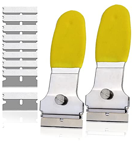 Multi-Purpose Scraper Tool 2 Pack – Metal Razor Blade Scraper Set with 10 Extra Blades, Non Scratch Scraper for Glass Stove Top, Paint Removal, Caulk Remover, Sticker Decal Adhesive Spealloy