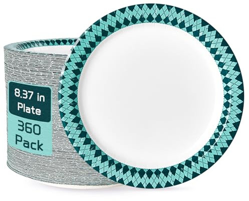 JOLLY PARTY Paper Plates Disposable, 360 Count 8.37 inch Dinner Plates, Soak Proof, Cut Proof for Everyday Use, Diamond Pattern Rim Design